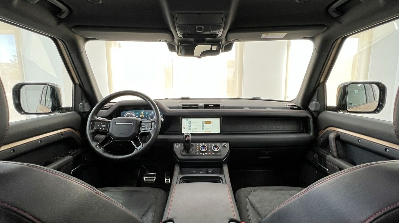 Luxuriöses Interieur des Range Rover Defender 90 Startech, mit Armaturenbrett, Lenkrad und Infotainmentsystem in Marbella.