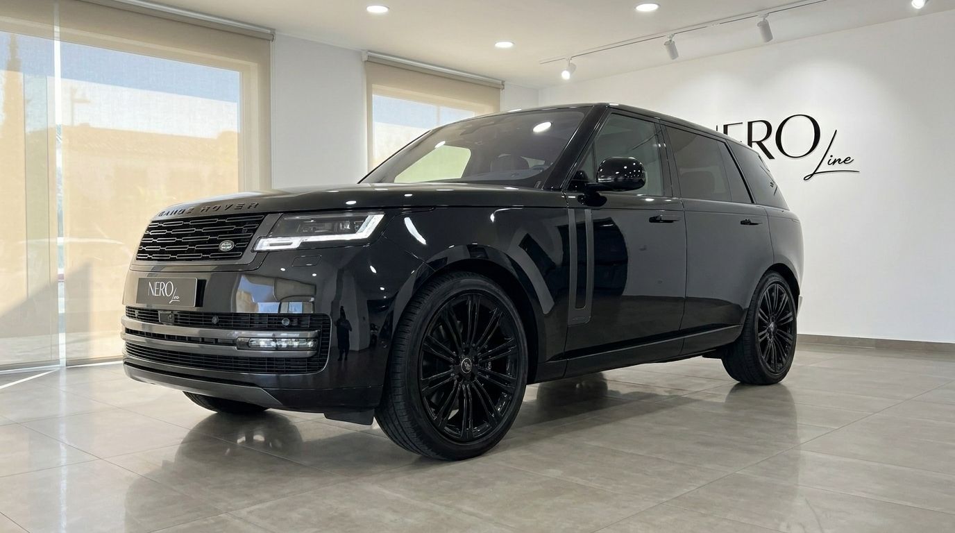 El Range Rover LWB P530 Autobiography 2023 negro Santorini brillante se exhibe en vista frontal tres cuartos en un showroom de Madrid.
