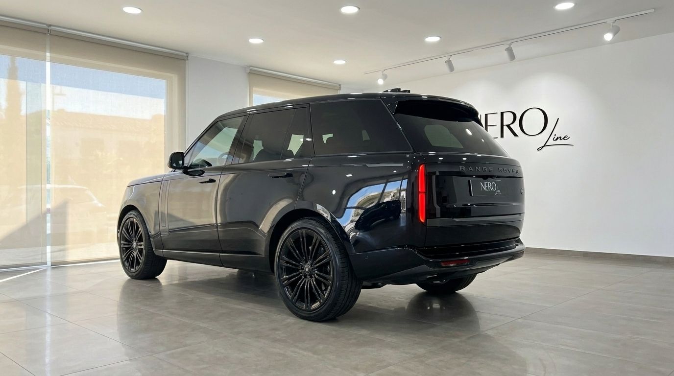 El Range Rover LWB P530 Autobiography en negro Santorini brillante se exhibe desde el ángulo trasero tres cuartos en un luminoso concesionario de Madrid.