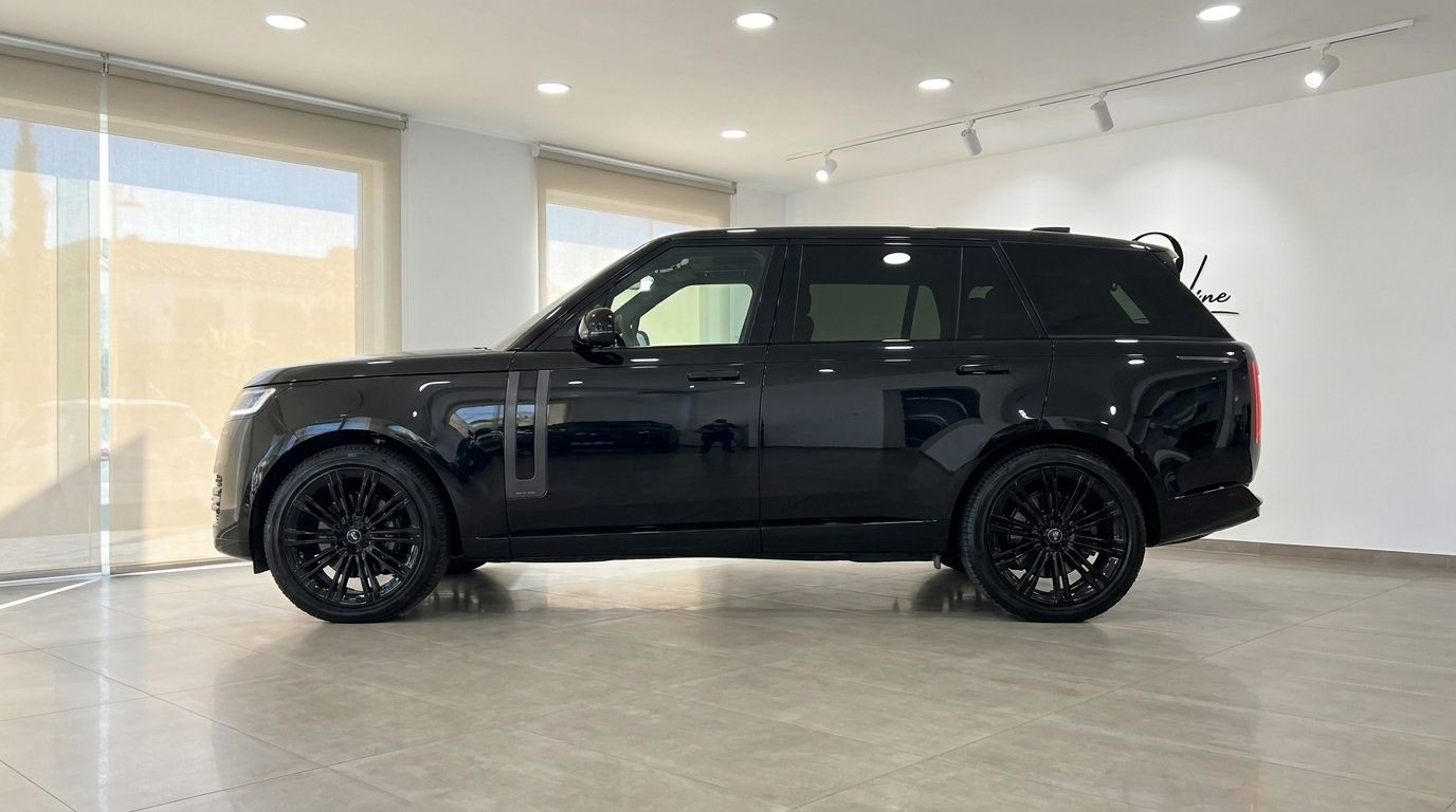 El Range Rover LWB P530 Autobiography 2023 en negro Santorini brillante se muestra de perfil elegante en un concesionario de Madrid.
