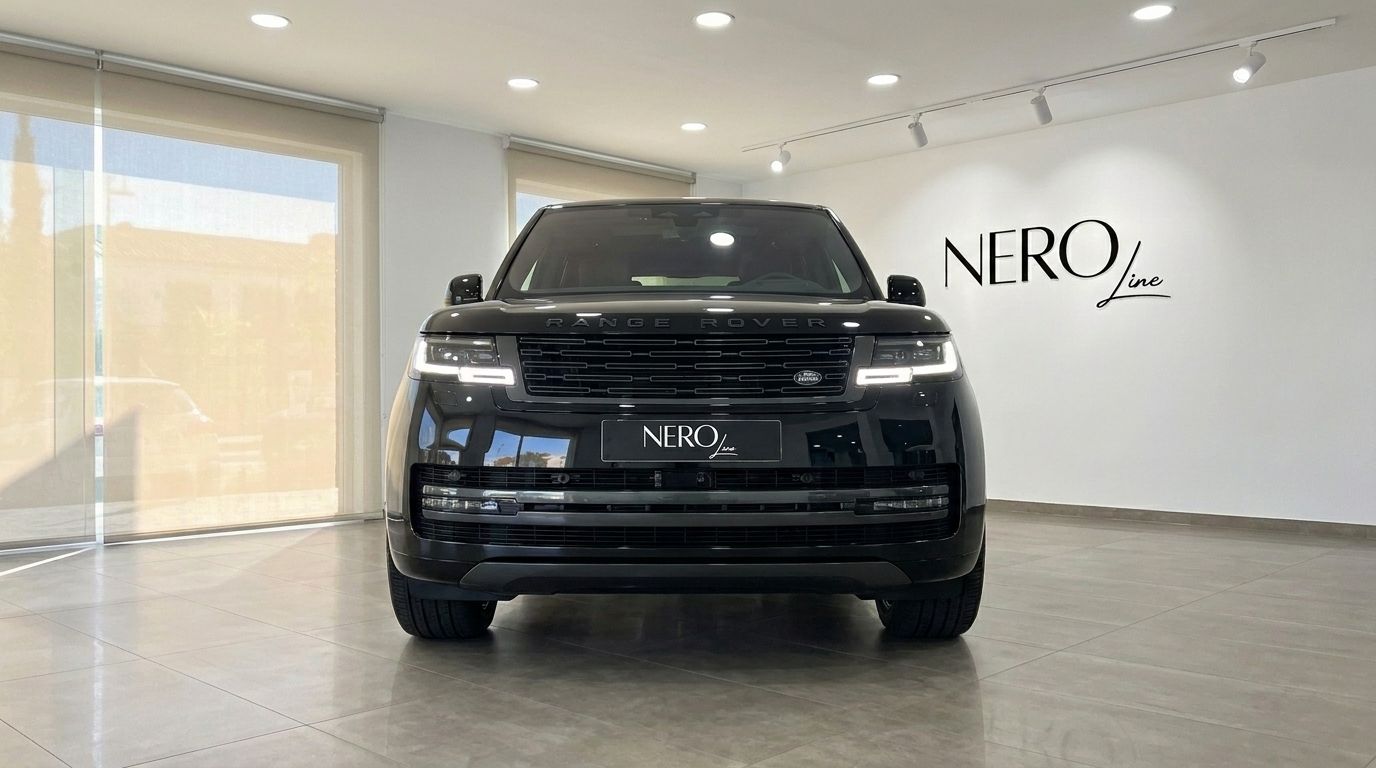 El Range Rover LWB P530 Autobiography en negro Santorini brillante, presentado de frente en un concesionario en Madrid.
