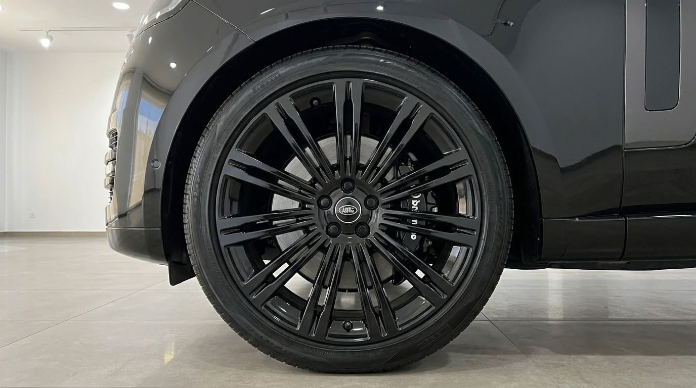 Rueda delantera del Range Rover LWB P530 Autobiography negro brillante, con llanta de aleación negra y pinza de freno Brembo en Madrid.
