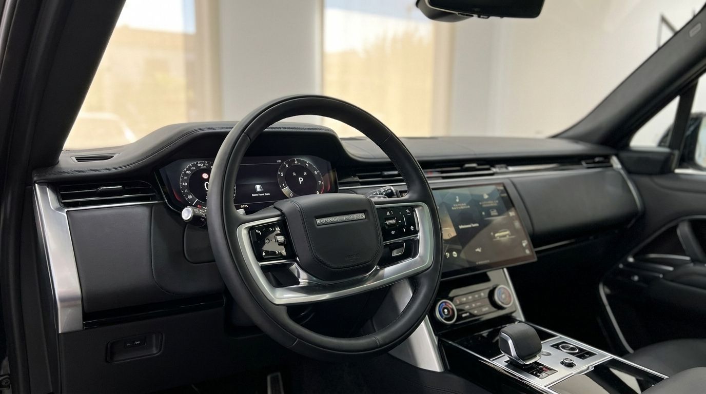 Interior del Range Rover LWB P530 Autobiography en Madrid, mostrando volante, salpicadero digital y pantalla de infoentretenimiento.