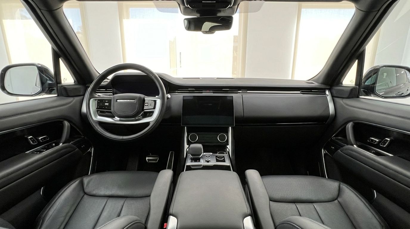 El lujoso interior de cuero negro y el salpicadero del Range Rover LWB P530 Autobiography en Madrid.