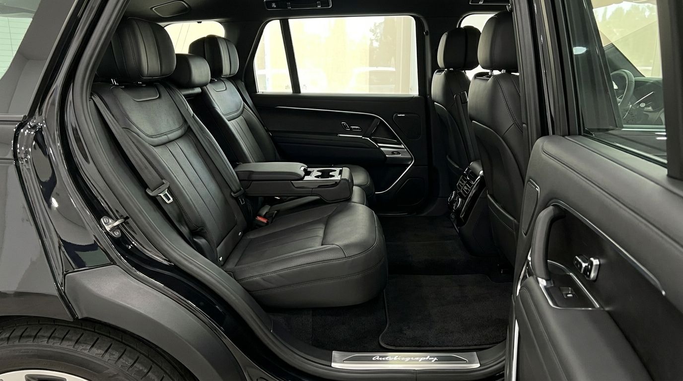 El lujoso interior trasero de cuero negro del Range Rover LWB P530 Autobiography, con asientos cómodos y reposabrazos central, disponible en Madrid.