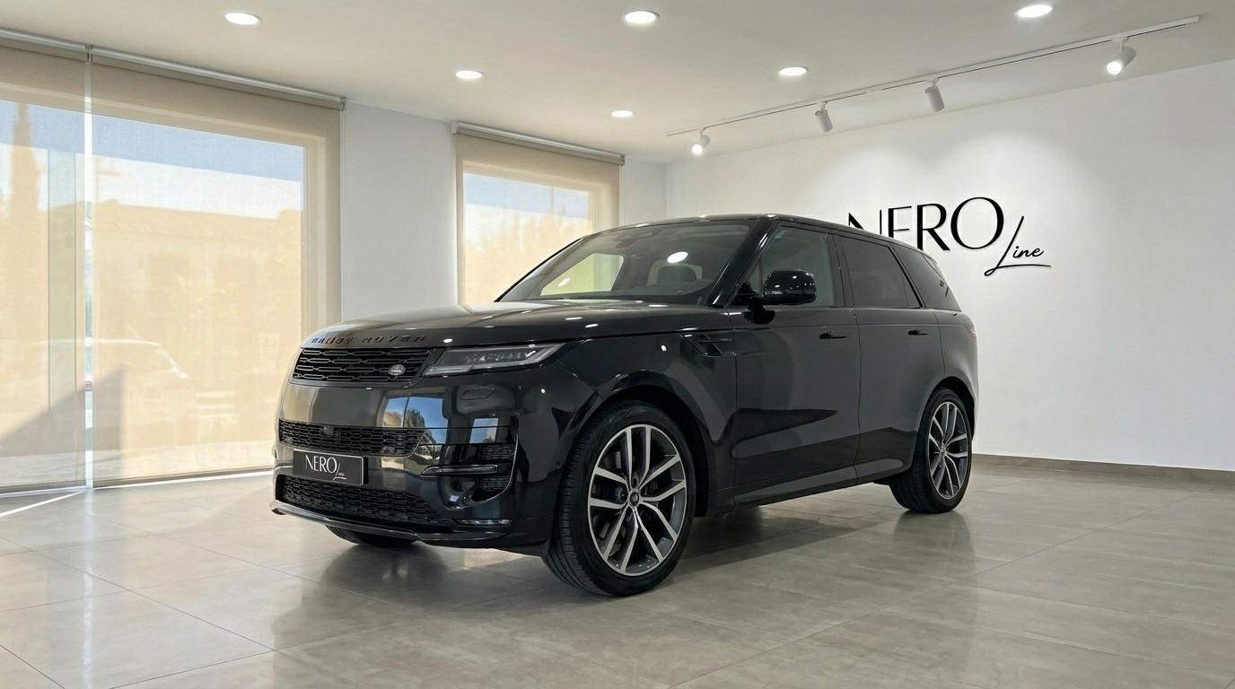 Range Rover Sport — Front three-quarter view The 2023 Range Rover Sport in Gloss Black is showcased from a front three-quarter angle inside a modern showroom in Marbella.