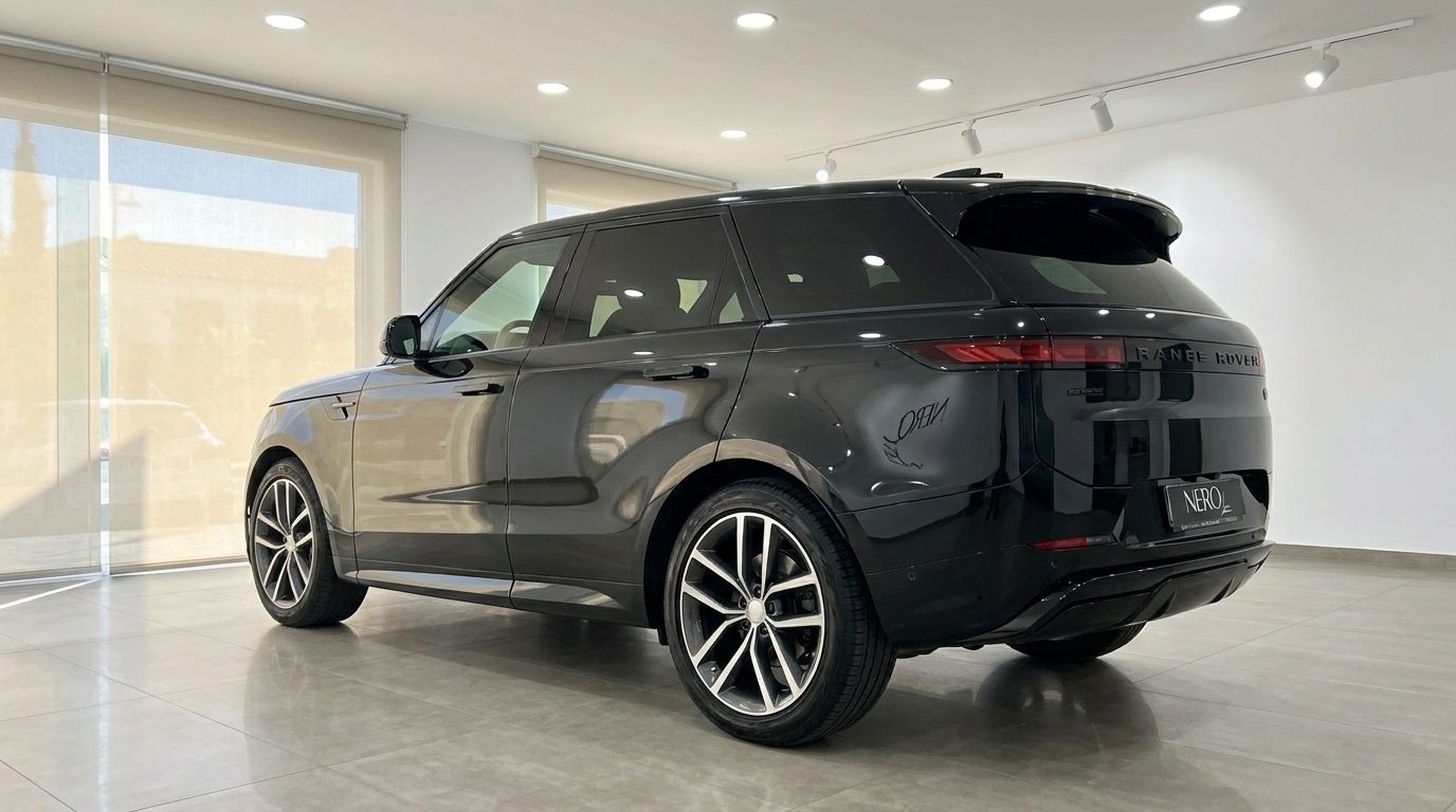The sleek black 2023 Range Rover Sport is captured from a rear three-quarter angle, parked indoors in Marbella.
