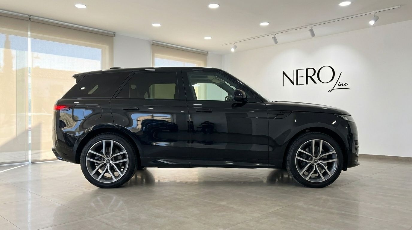 The 2023 Range Rover Sport in gloss black, showcasing its elegant side profile inside a showroom in Marbella.