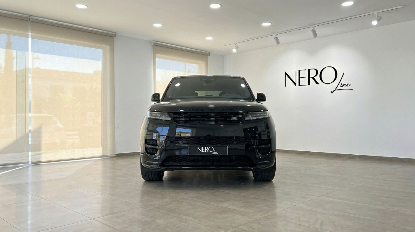 The sleek black 2023 Range Rover Sport is prominently displayed from the front in a modern Nero Line showroom in Marbella.