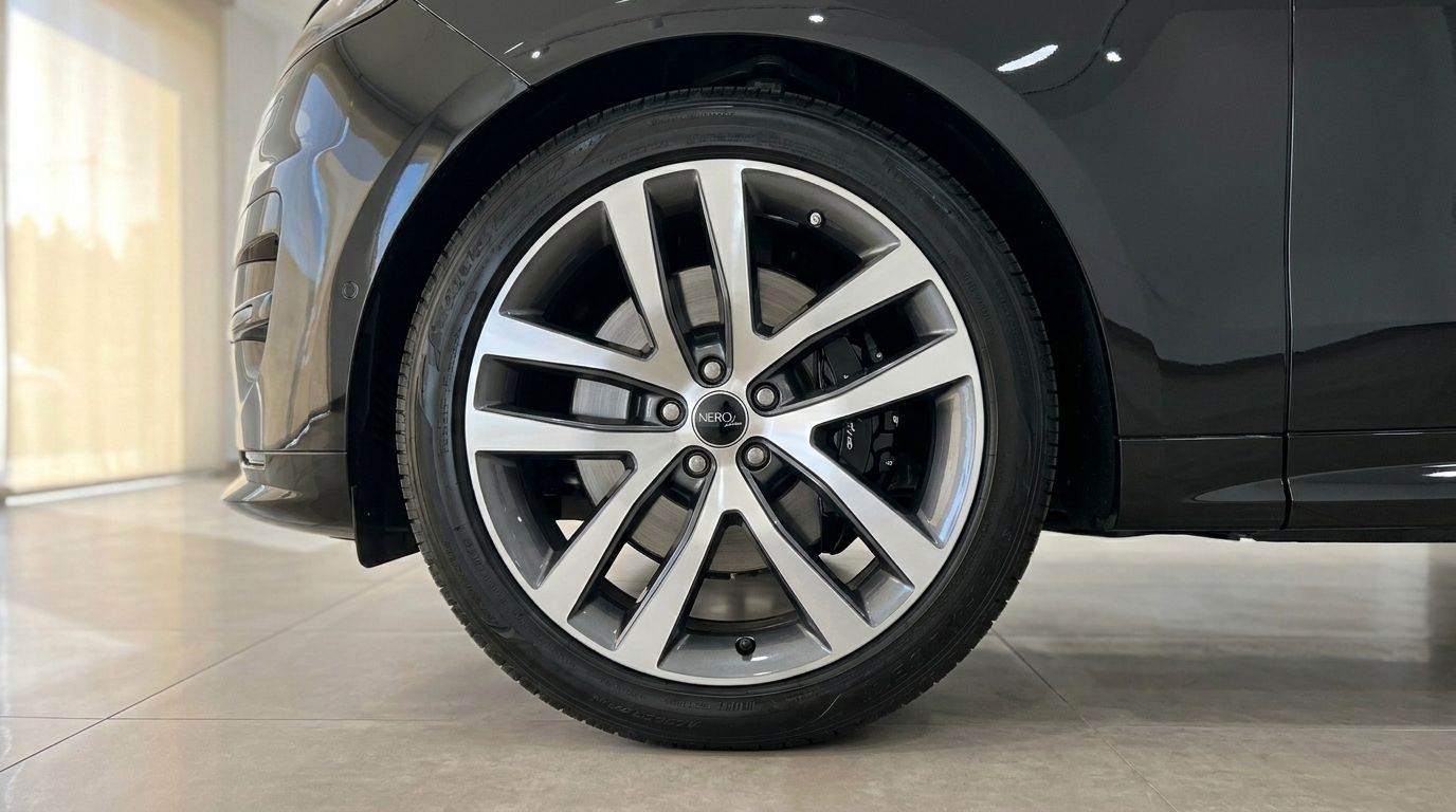 Close-up of the Range Rover Sport's front wheel and gloss black body in a showroom in Marbella.