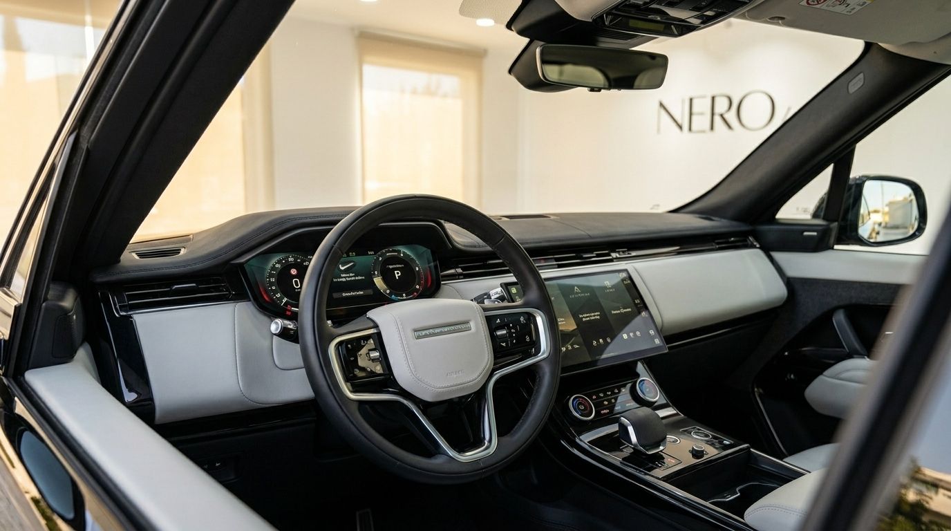 The luxurious interior of the 2023 Range Rover Sport in Marbella, showcasing its modern dashboard, steering wheel, and center console.