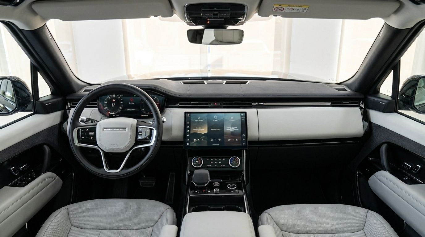 The luxurious interior of the Range Rover Sport, featuring the modern dashboard, steering wheel, and infotainment screen, available in Marbella.