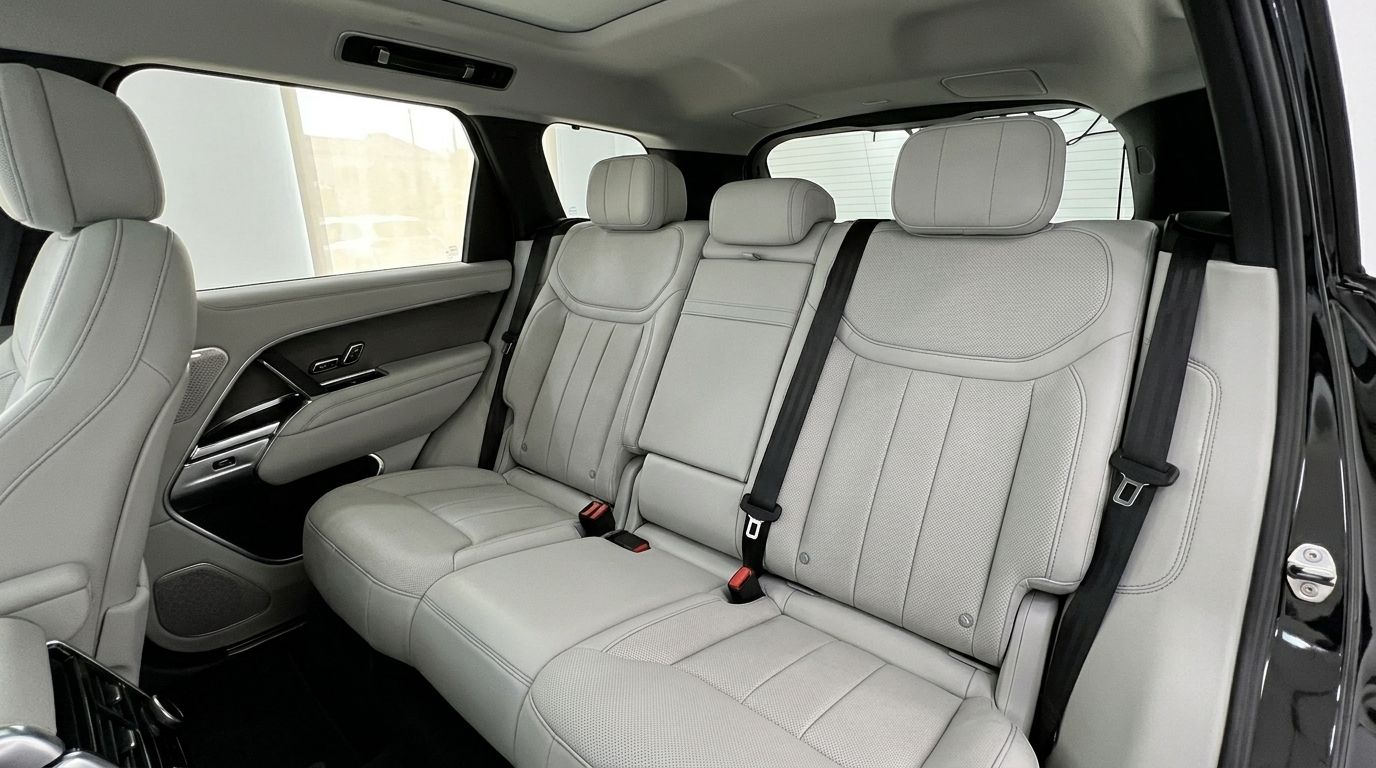 The luxurious light grey leather rear seats and door panels of the Range Rover Sport interior are visible in Marbella.
