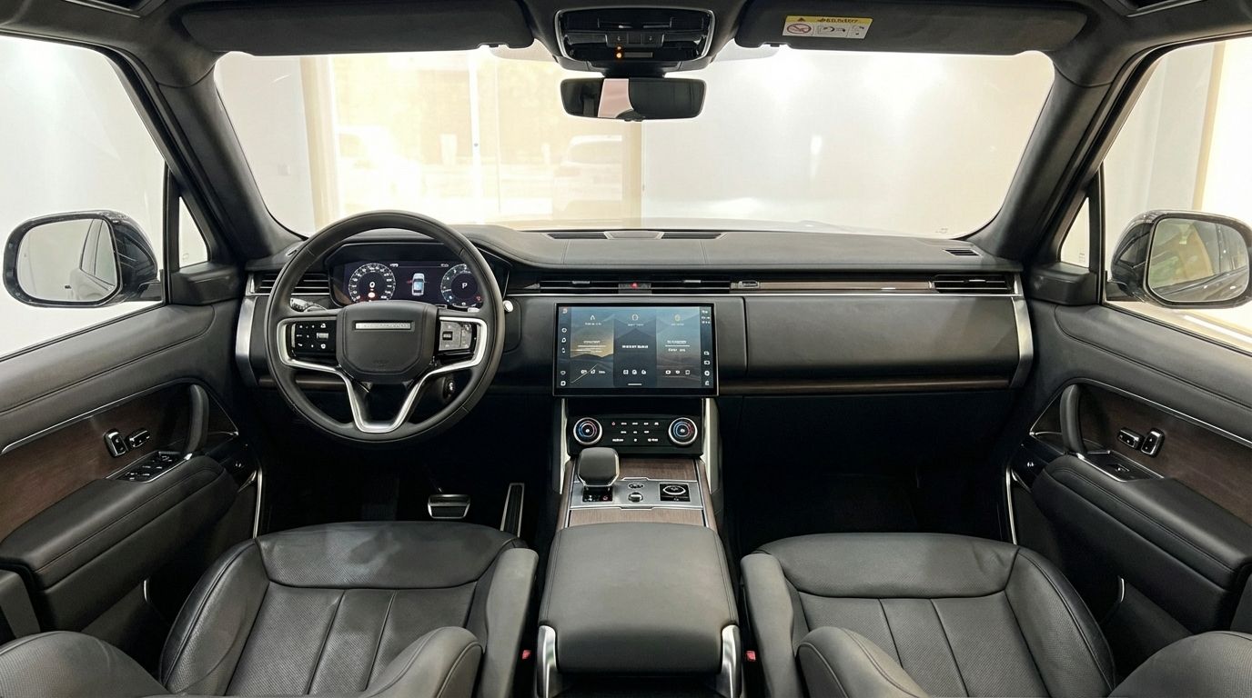 The luxurious black leather interior of the Range Rover Sport, showcasing its modern cockpit, steering wheel, and infotainment system.