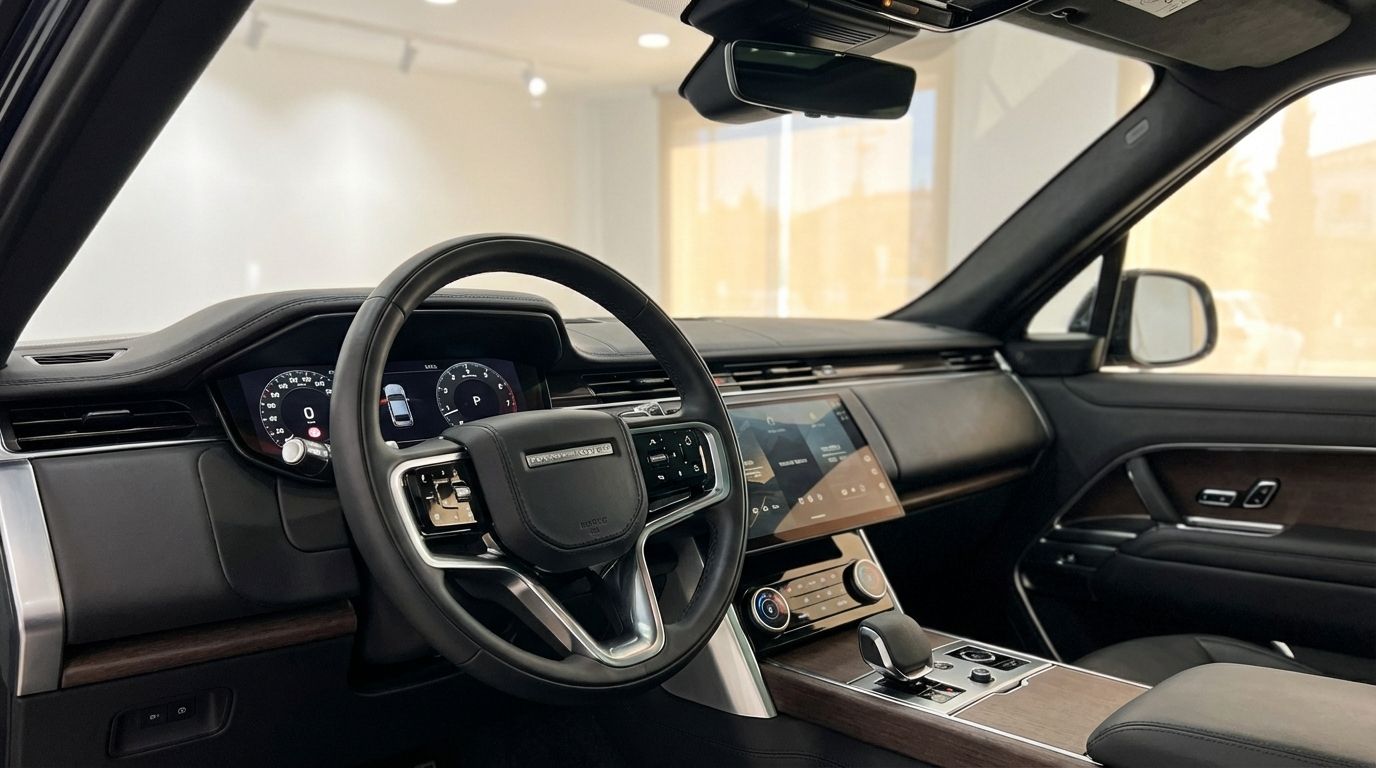 The Range Rover Sport's luxurious black leather and wood-accented cockpit with steering wheel and infotainment screen in Barcelona.