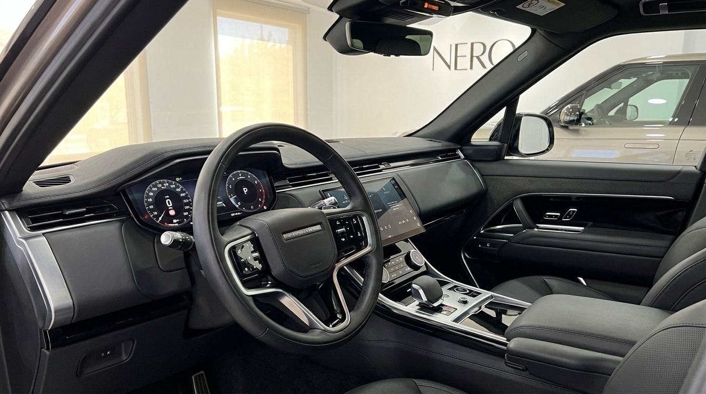 El interior del Range Rover Sport 2024 en Madrid, mostrando el volante, el salpicadero y la pantalla de infoentretenimiento.