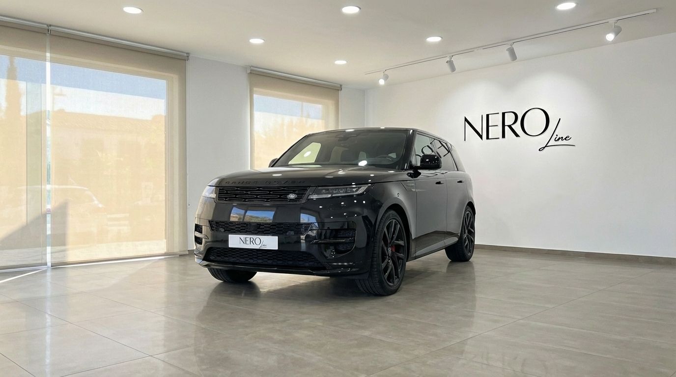 El Range Rover Sport 2024 negro azabache se exhibe en una vista frontal tres cuartos en un luminoso showroom en Madrid.