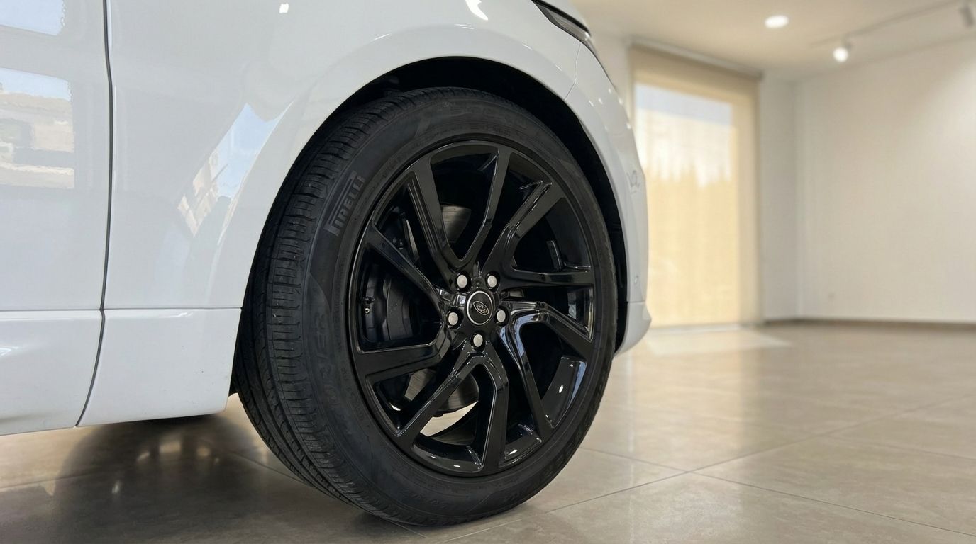A close-up view of the Range Rover Sport's glossy black multi-spoke front wheel and tire, parked in Barcelona.
