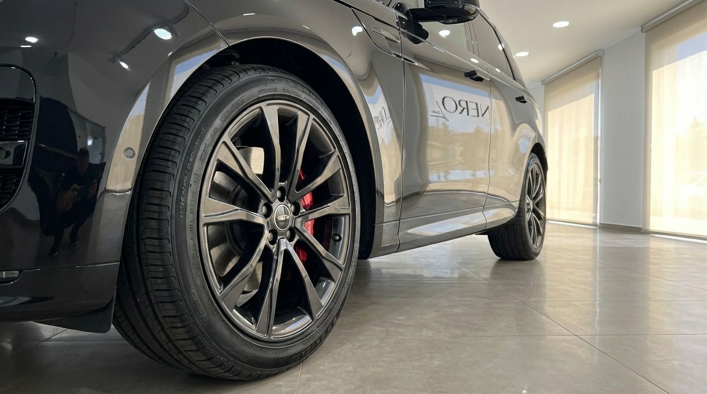 La rueda delantera y el perfil lateral del elegante Range Rover Sport negro, con llantas de aleación oscuras y pinzas de freno rojas, exhibido en un concesionario en Madrid.
