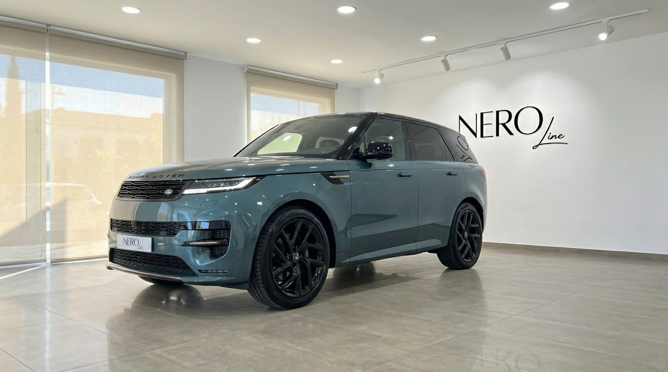 Range Rover Sport — Vista tres cuartos frontal Madrid Un Range Rover Sport verde Giola metálico está estacionado en un ángulo de tres cuartos delanteros dentro de la sala de exposición NeroLine en Madrid.