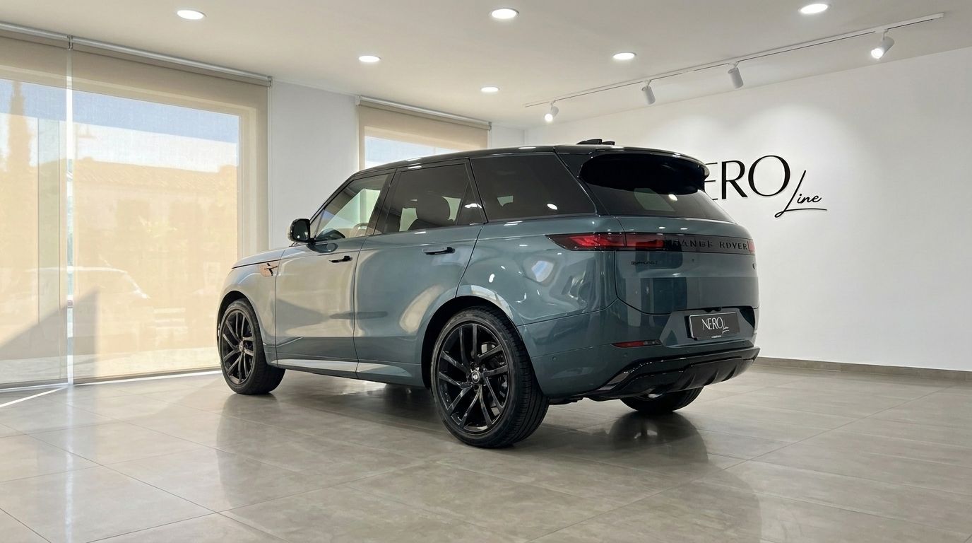 El Range Rover Sport 2023 verde Giola metálico se muestra desde su ángulo trasero tres cuartos en una sala de exposición en Madrid.