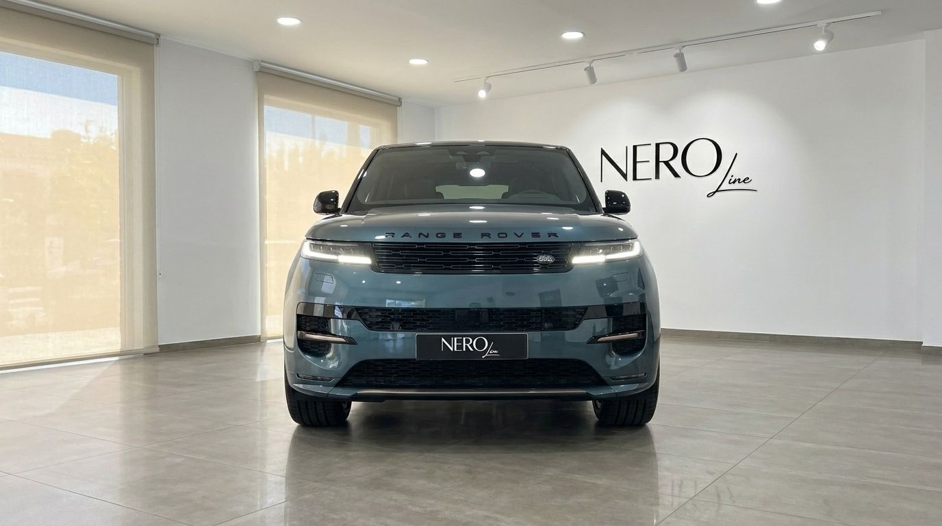 Vista frontal de un Range Rover Sport 2023 verde Giola metálico, aparcado en el interior en Madrid con el logo NERO Line.