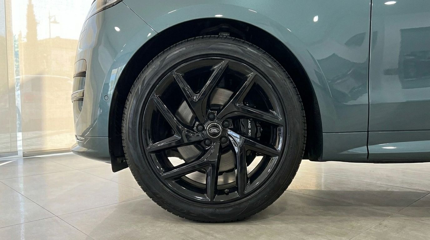 La rueda delantera de un Range Rover Sport verde Giola metálico en un concesionario de Madrid, con una llanta de aleación negra brillante y pinza de freno.