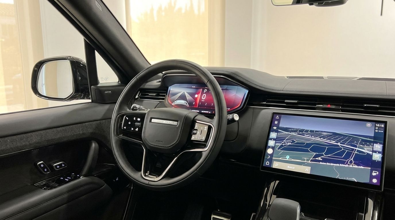 El lujoso interior del Range Rover Sport 2023 en Madrid, mostrando el volante, el salpicadero digital y la pantalla central de navegación.