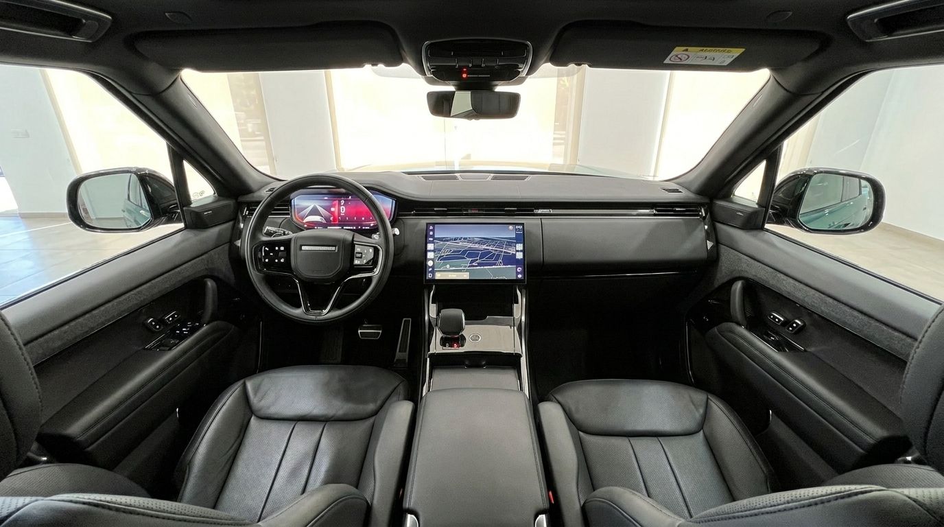 El lujoso interior de cuero negro y la avanzada cabina del Range Rover Sport, con pantalla de infoentretenimiento central en Madrid.