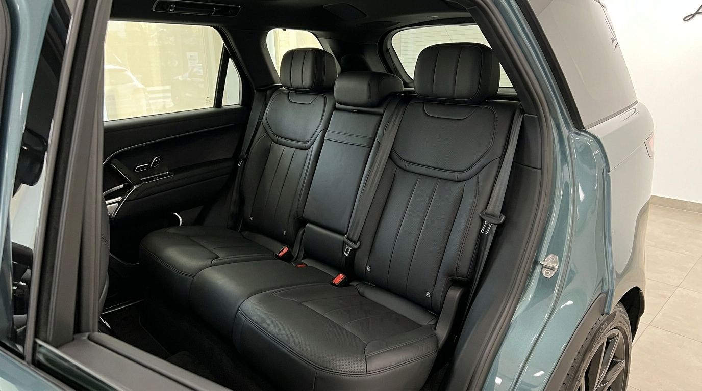 Los lujosos asientos traseros de cuero negro del Range Rover Sport 2023 verde metálico Giola, ubicado en Madrid.