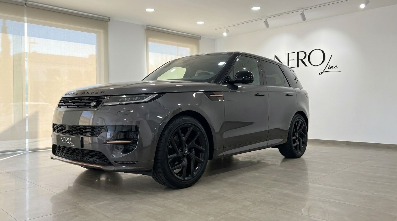 El Range Rover Sport 2023 en gris oscuro metálico brillante se exhibe desde una vista tres cuartos frontal en un concesionario de Madrid.