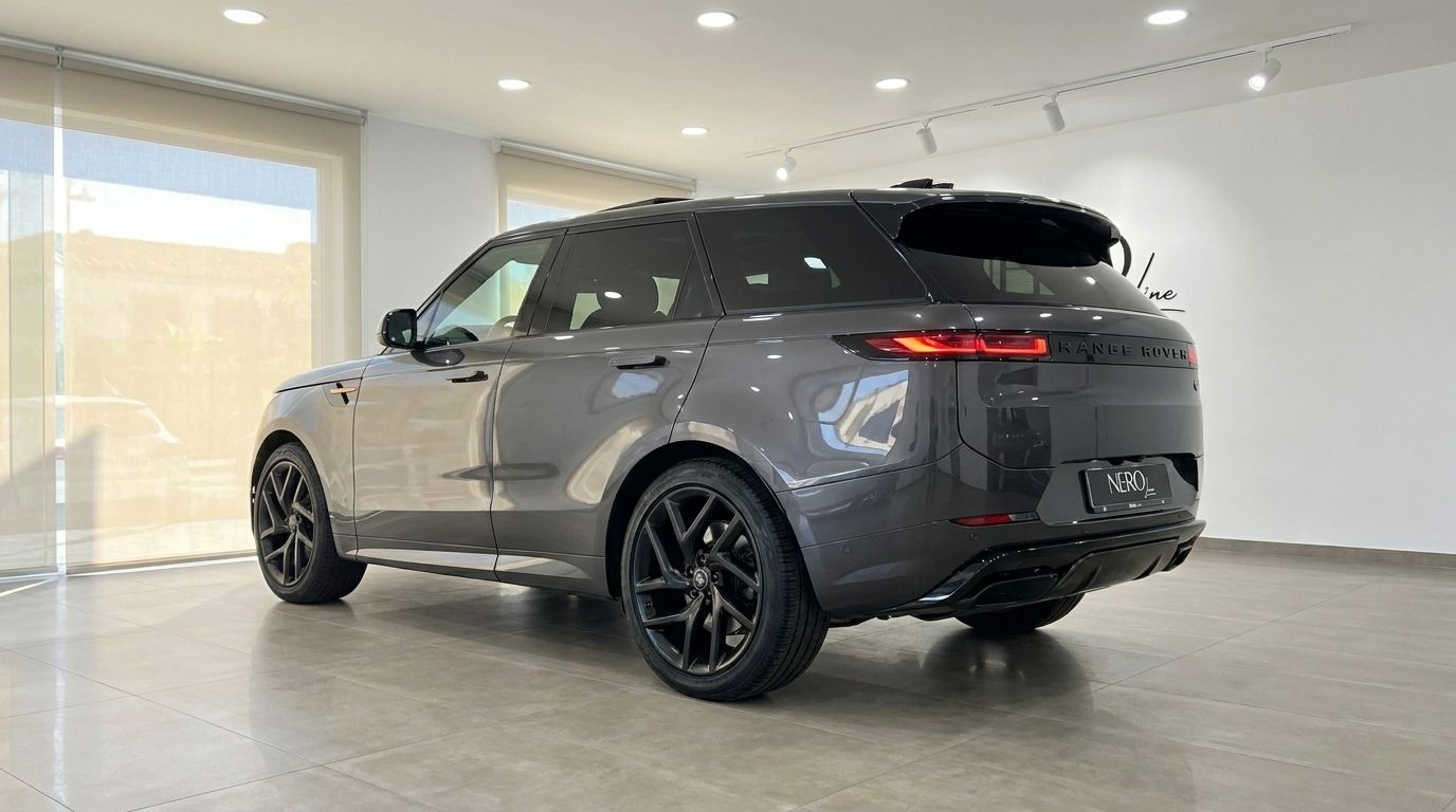 El Range Rover Sport 2023 gris oscuro se exhibe desde un ángulo trasero tres cuartos en un moderno showroom en Madrid.