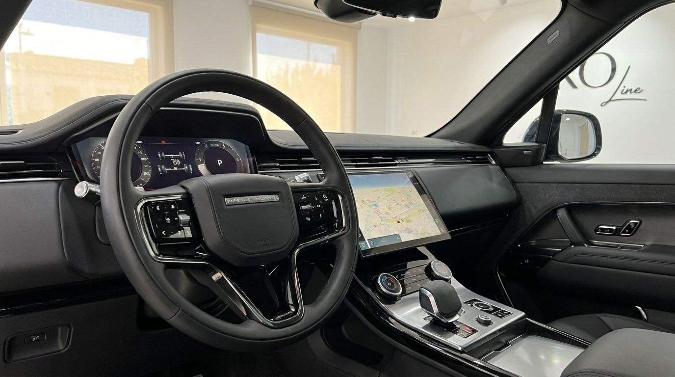 Cabina del Range Rover Sport en Madrid, mostrando el lujoso volante de cuero negro, el cuadro de instrumentos digital y la pantalla central de infoentretenimiento.