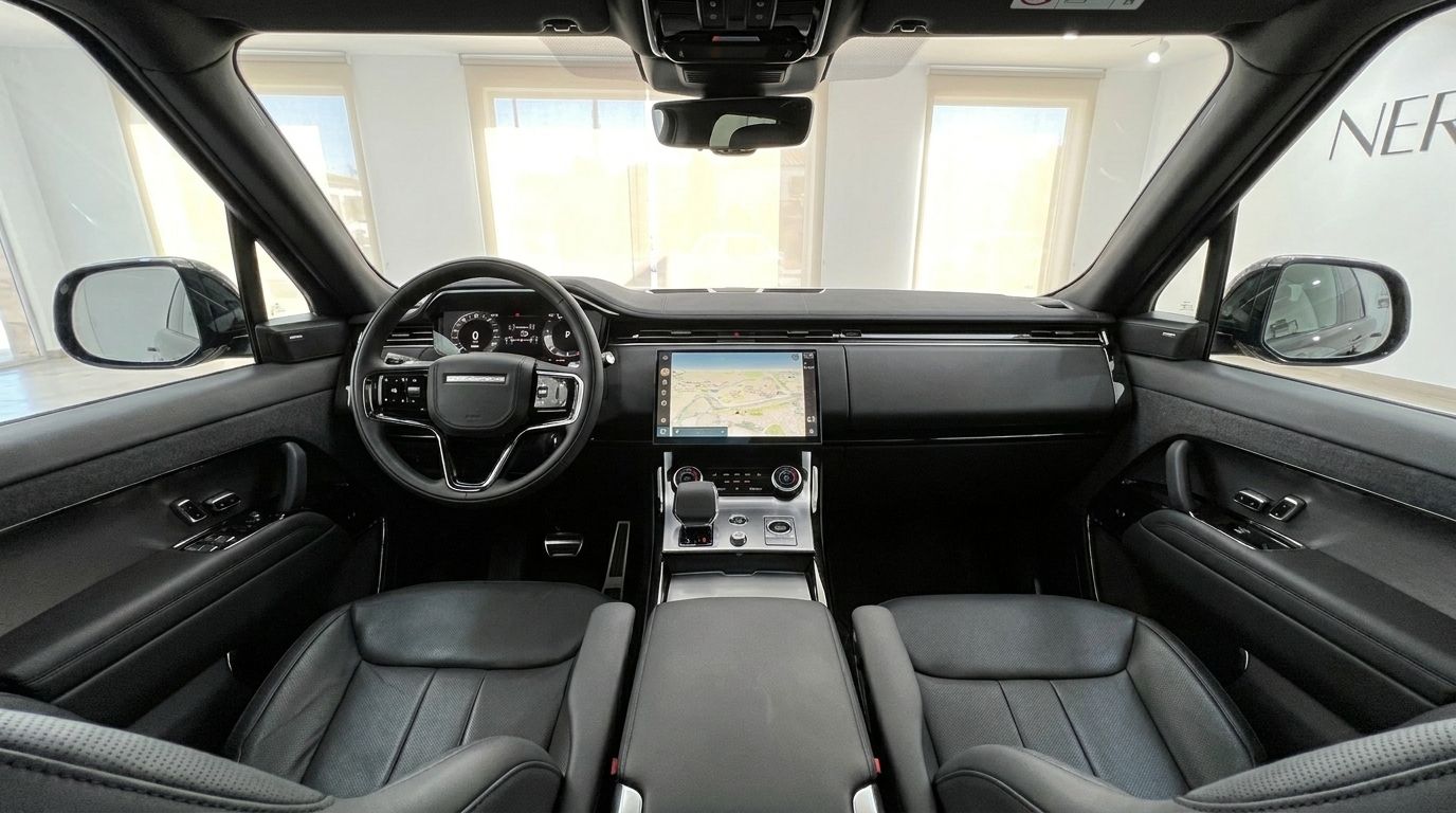 El lujoso interior del Range Rover Sport 2023 en Madrid, mostrando el moderno salpicadero, volante y sistema de infoentretenimiento.