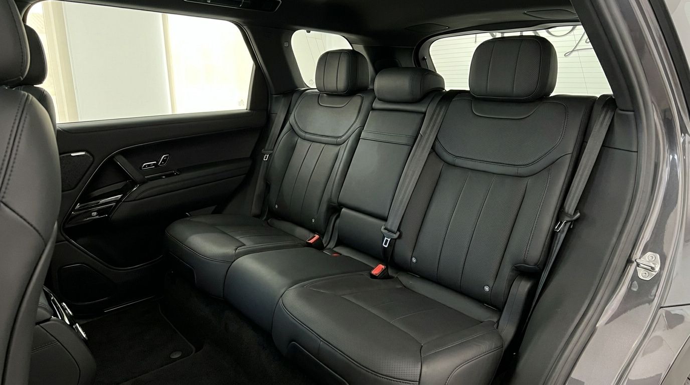 Los lujosos asientos traseros de cuero negro y el espacioso interior del Range Rover Sport 2023 en Madrid.