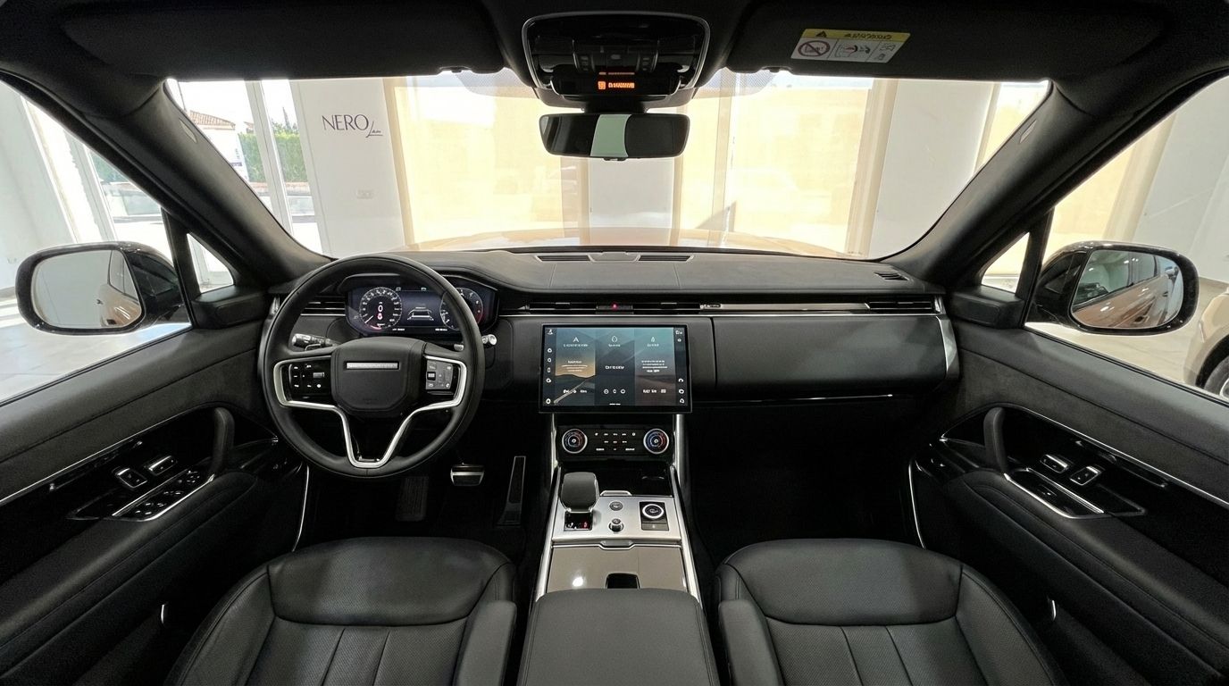 El lujoso interior negro del Range Rover Sport, mostrando el moderno salpicadero, el volante y la gran pantalla de infoentretenimiento en Madrid.