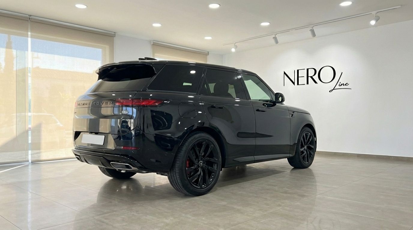 El Range Rover Sport negro se exhibe desde su ángulo trasero tres cuartos dentro de una moderna sala de exposición en Madrid.