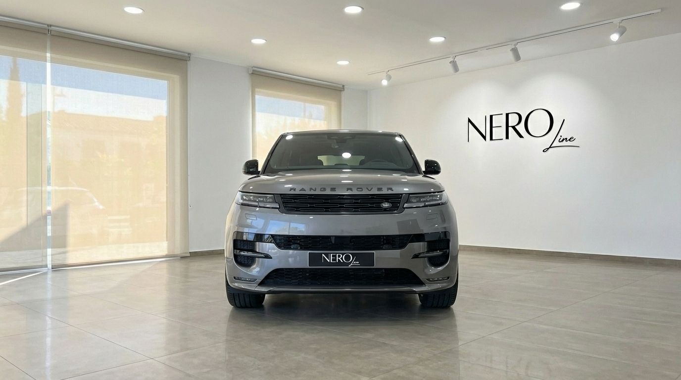 Un Range Rover Sport SE 2025 gris metálico se exhibe prominentemente de frente en una luminosa sala de exposiciones en Madrid.