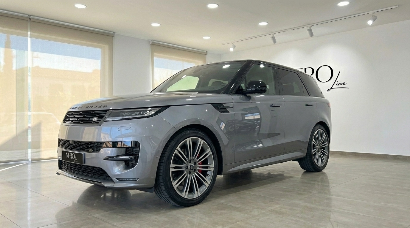 Range Rover Sport SE — Vista frontal tres cuartos El Range Rover Sport SE 2025 gris metalizado se exhibe desde un ángulo frontal tres cuartos en un concesionario de Madrid.