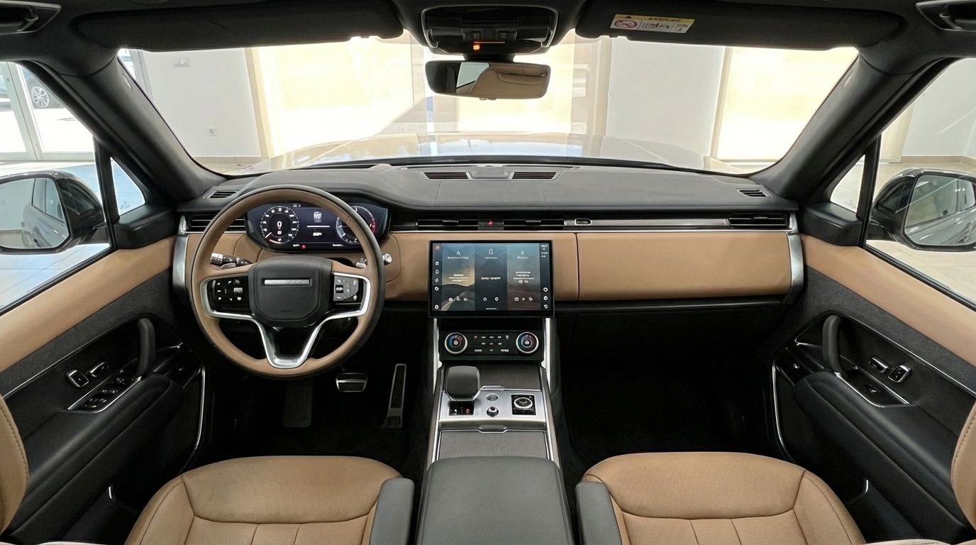 El lujoso habitáculo interior del Range Rover Sport SE 2025 en Madrid, con salpicadero, volante y pantalla de infoentretenimiento en tonos tostados y negros.