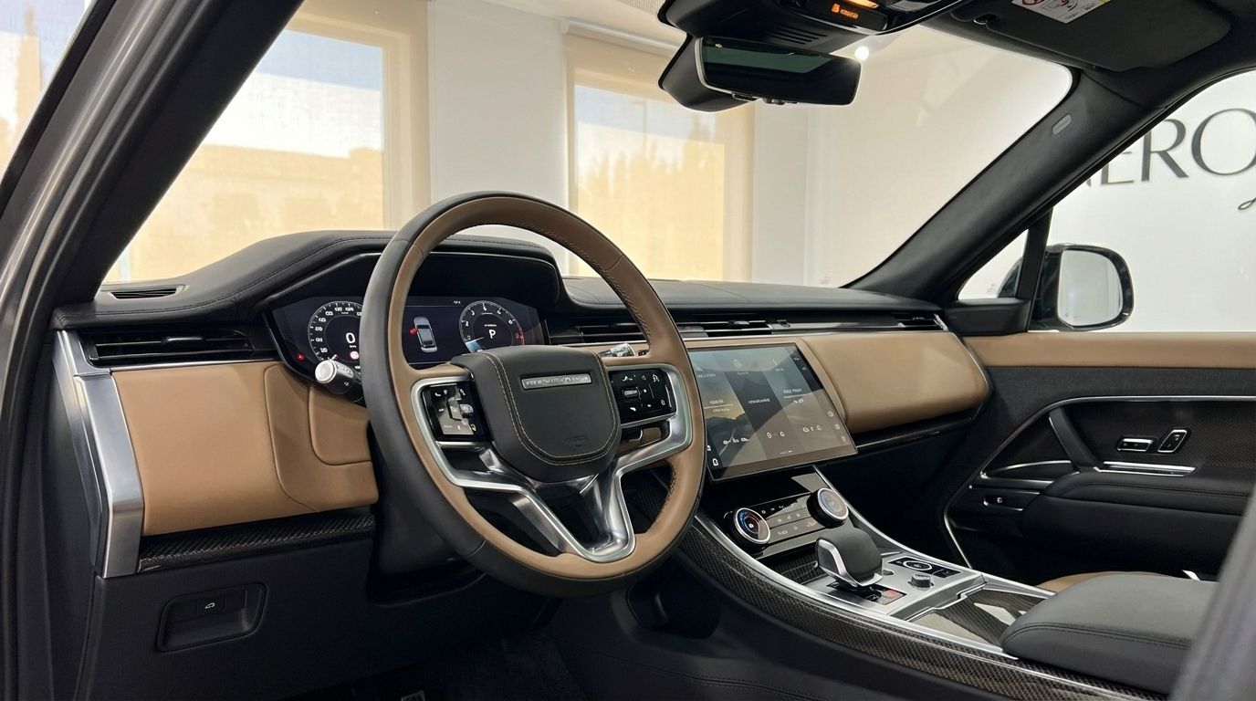 El lujoso interior del Range Rover Sport SE en Madrid, mostrando el volante, el salpicadero y la pantalla de infoentretenimiento.