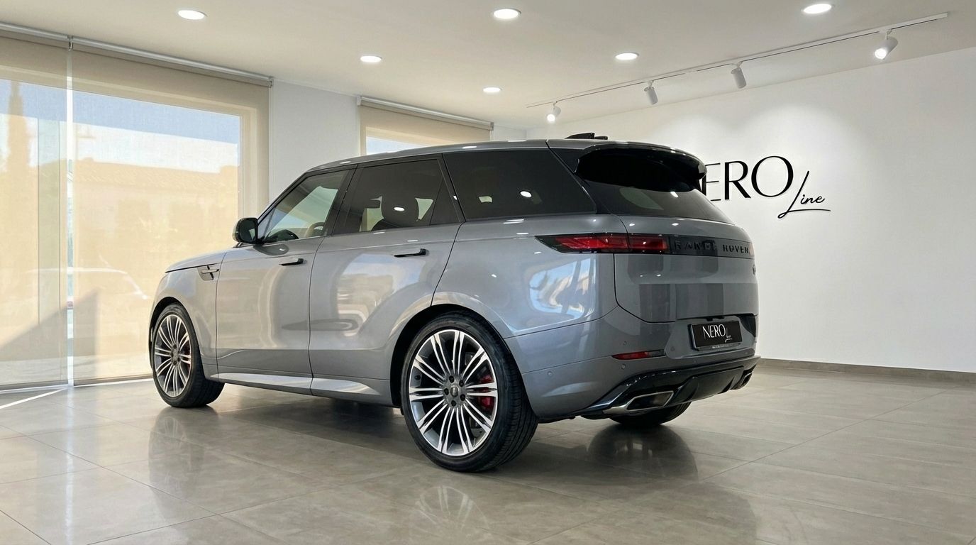 El Range Rover Sport SE 2025 gris metalizado se exhibe desde su ángulo trasero tres cuartos en un concesionario de Madrid.