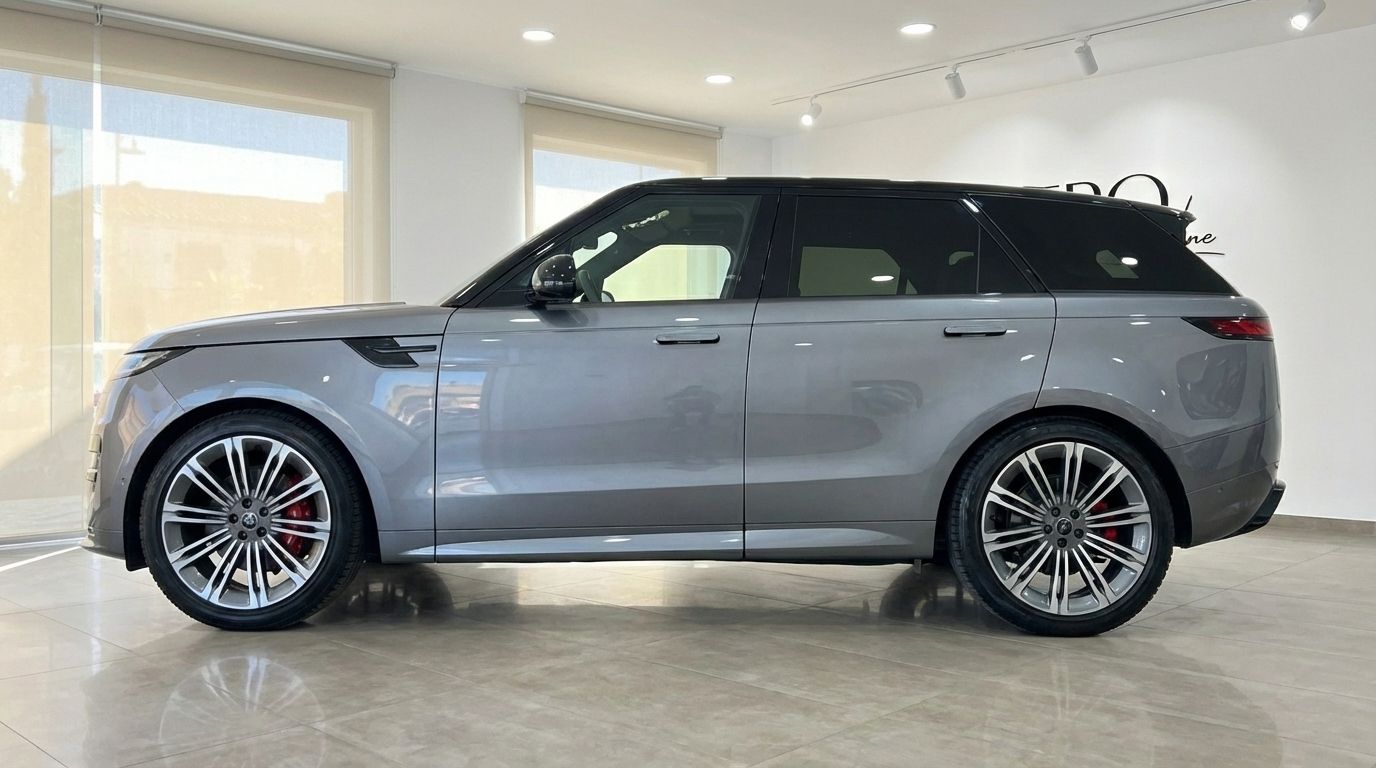 El Range Rover Sport SE 2025 gris metalizado se muestra de perfil, estacionado en el interior en Madrid.