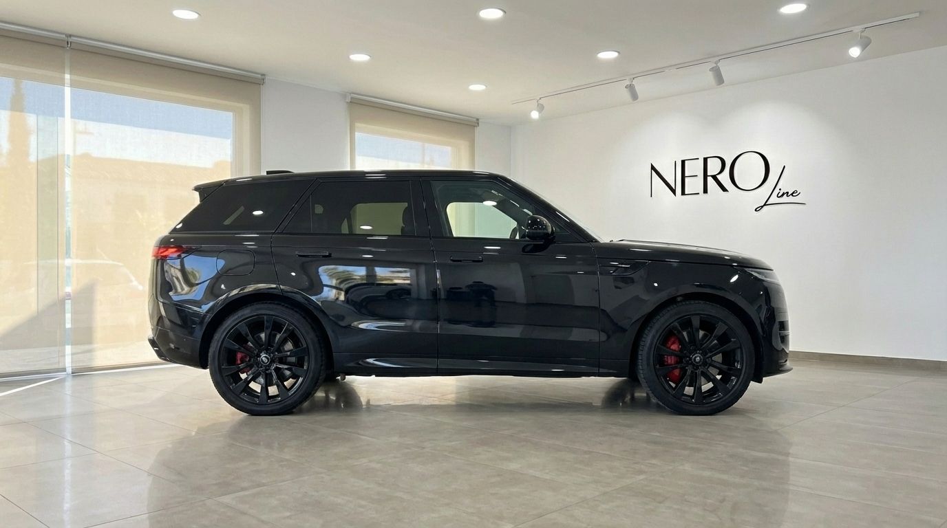 El elegante Range Rover Sport negro se muestra de perfil en un moderno showroom en Madrid, destacando su diseño elegante.