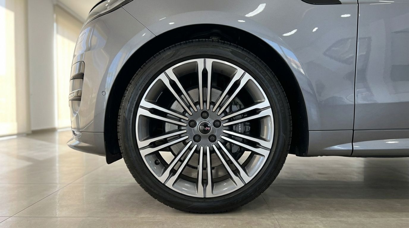 Primer plano de la rueda delantera y la carrocería gris metalizado de un Range Rover Sport SVR 2025, disponible en Madrid.