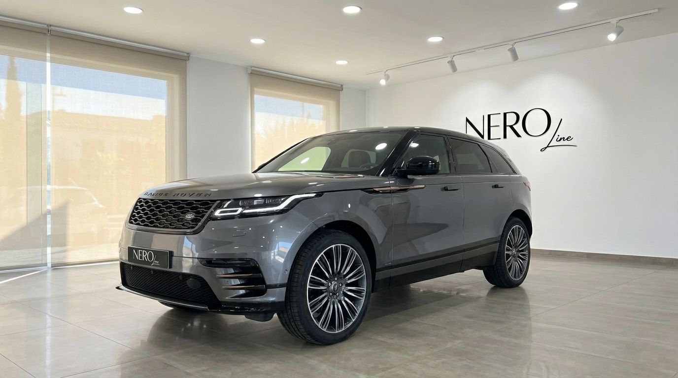 The metallic Carpathian Grey 2024 Range Rover Velar Autobiography is showcased in a Marbella showroom, front three-quarter view.