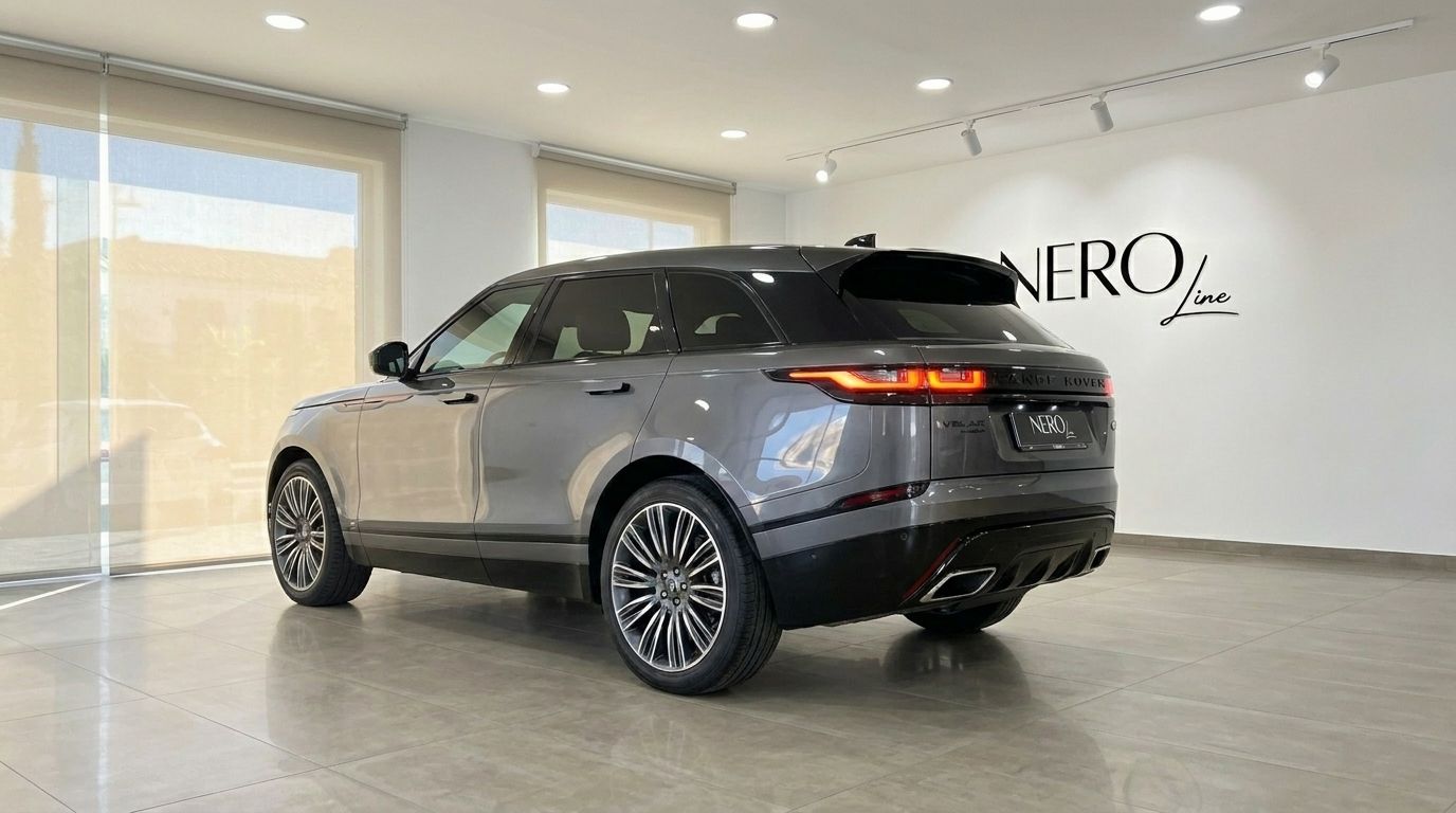 The metallic Carpathian Grey 2024 Range Rover Velar Autobiography is showcased from a rear three-quarter angle in a showroom in Marbella.