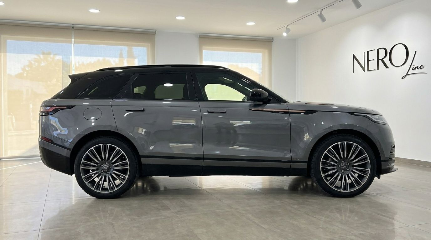 The 2024 Range Rover Velar Autobiography in metallic Carpathian Grey, shown in a side profile view inside a showroom in Marbella.
