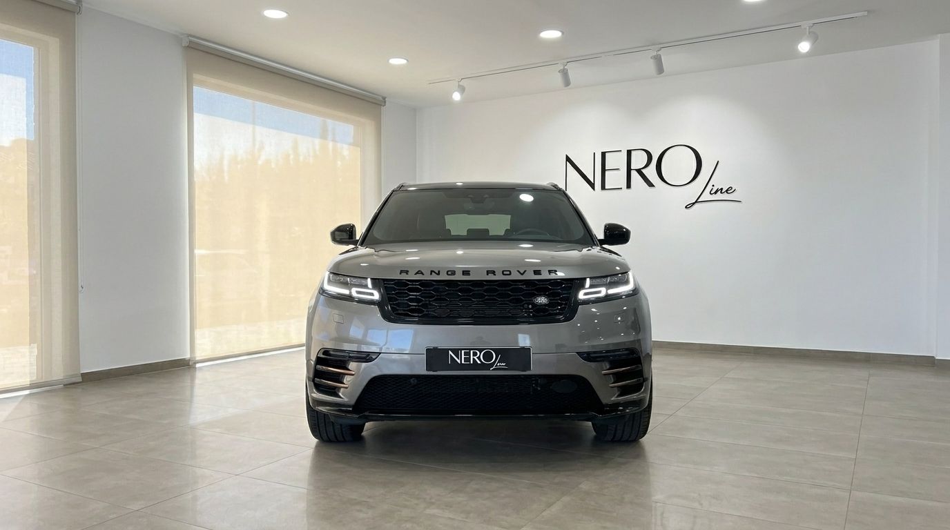 The metallic Carpathian Grey Range Rover Velar Autobiography is showcased head-on in a bright showroom in Marbella.