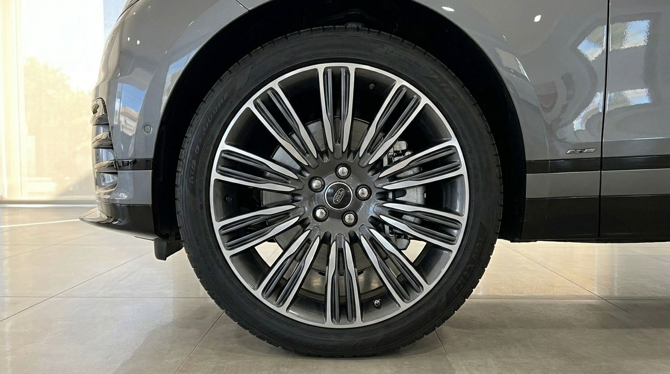 Close-up of the Range Rover Velar Autobiography's front wheel and metallic Carpathian Grey body in Marbella.